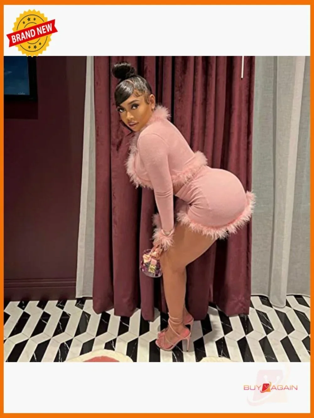 Sexy 2 Piece Outfit Rave Tie-up Feather Trim Fur Long Sleeve Cardigan Set